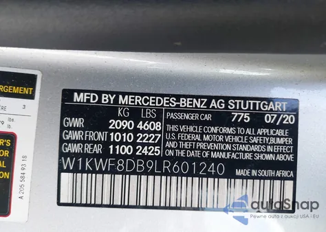 2020 Mercedes-Benz C 300 из США, поврежденный, VIN W1KWF8DB9LR601240